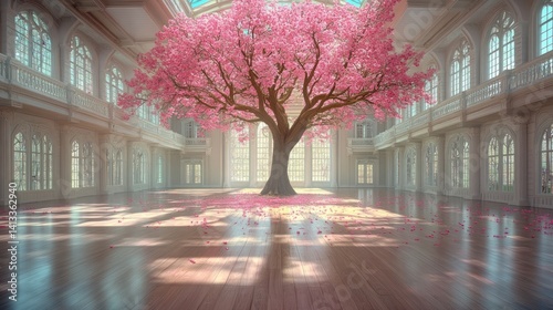 Cherry Blossom Tree in Ornate Room with Sunlight and Petals