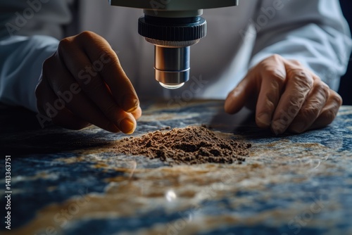 A scientist meticulously examines a soil sample under a microscope, analyzing its composition and properties.