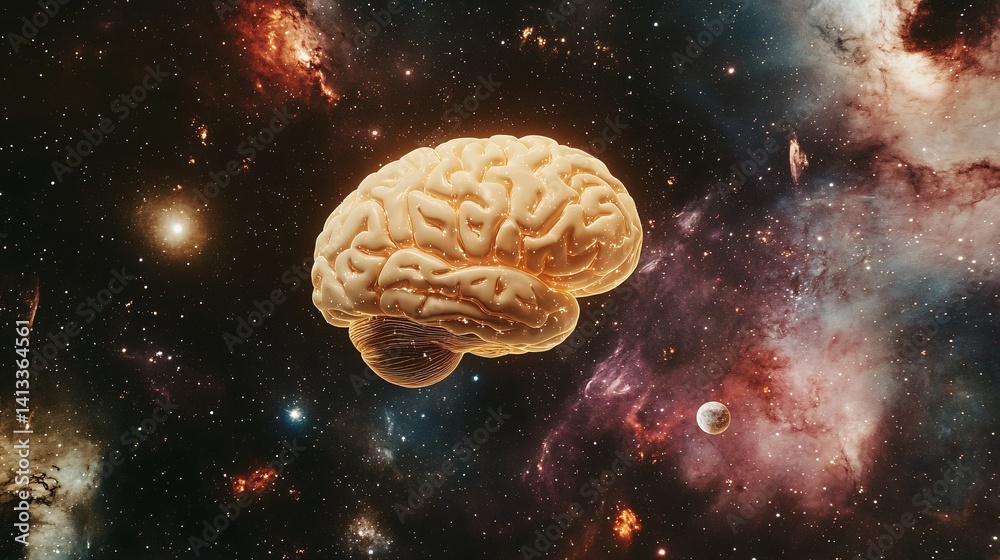 A brain floating in space, linked to the cosmos of human consciousness