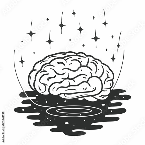 Liquid brain floating in space surrounded by neural sparkles and data flow
