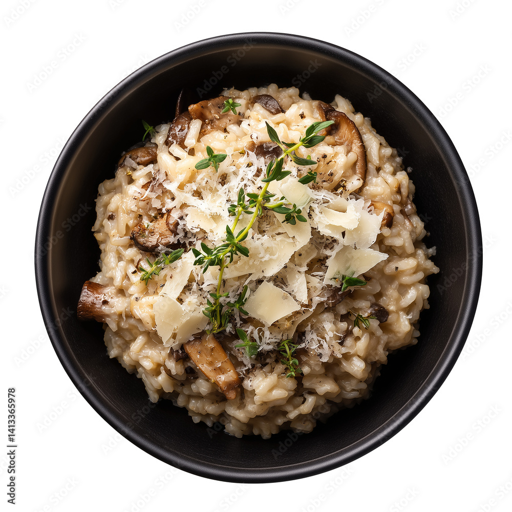Mushroom risotto with truffle oil in ceramic bowl top view