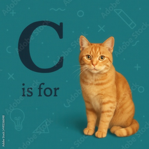 Ginger cat sitting next to letter c on teal background with drawings