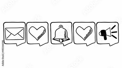 "Interactive social icons in minimalist line art: comment, like, repost, send message, and notification bell — clean look for dashboards and engagement tools."