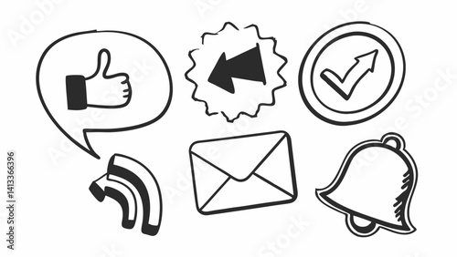 "Interactive social icons in minimalist line art: comment, like, repost, send message, and notification bell — clean look for dashboards and engagement tools."