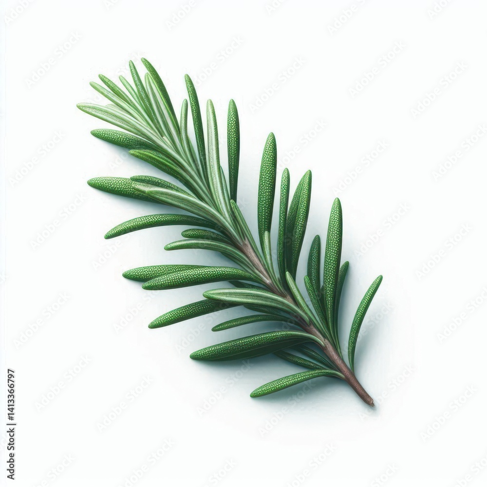 Fototapeta premium A close-up of a fresh rosemary sprig, emphasizing its vibrant green leaves. Ideal for culinary, health, or herbal product promotions.