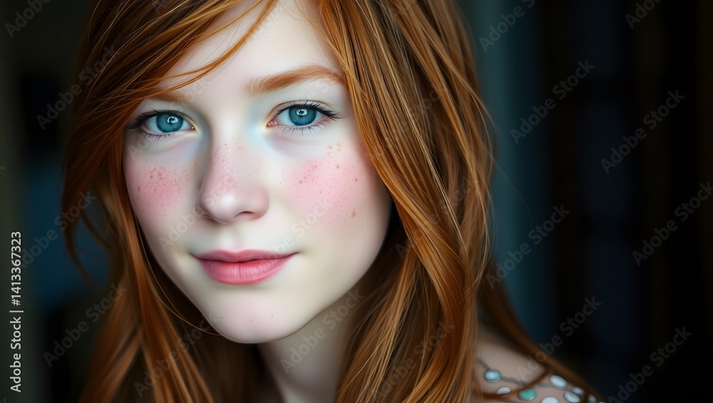 Fototapeta premium Closeup portrait of smiling freckled young girl with red hair and radiant blue eyes 