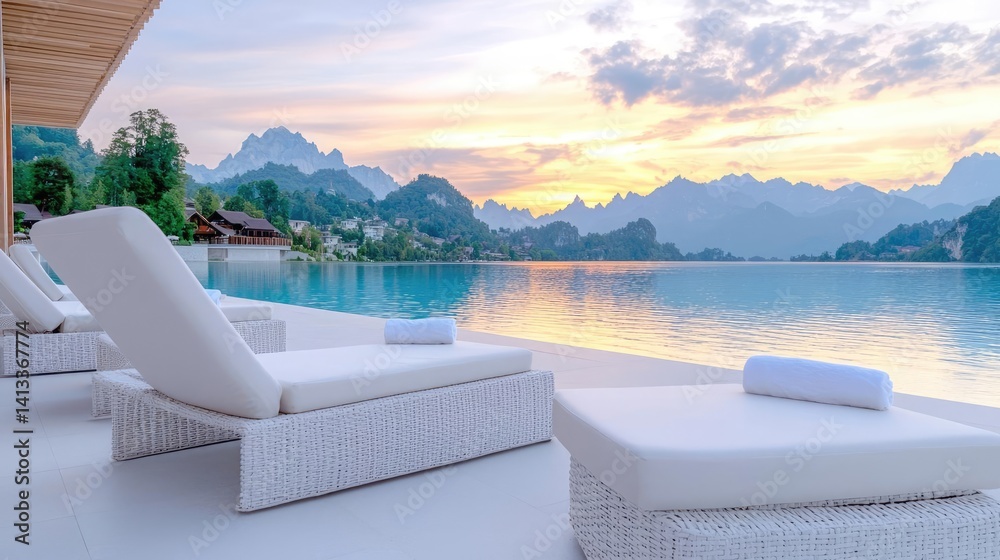 Fototapeta premium Luxury sunrise lakeside relaxation serene water view with elegant lounge chairs