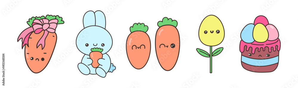 Cute kawaii Easter icons set with bunny, carrot, flower, egg, and cupcake. Hand drawn pastel vector clipart for kids, spring holiday, cards, stickers, and decoration Cute kawaii Easter icons set with bunny, carrot, flower, egg, and cupcake. Hand drawn pastel vector clipart for kids, spring holiday, cards, stickers, and decoration
