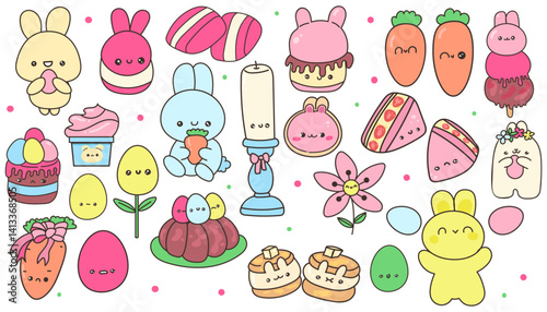 Cute kawaii Easter set with bunny characters, sweets, carrots, eggs, and flowers