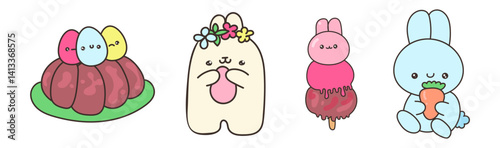 Cute kawaii Easter characters – bunny with carrot, jelly dessert, popsicle and flower crown animal