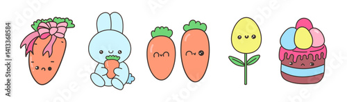 Cute kawaii Easter icons set with bunny, carrot, flower, egg, and cupcake. Hand drawn pastel vector clipart for kids, spring holiday, cards, stickers, and decoration