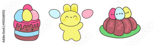 Kawaii Easter clipart with bunny, cupcake, jelly dessert and smiling eggs in pastel colors for spring holiday decoration and kids design