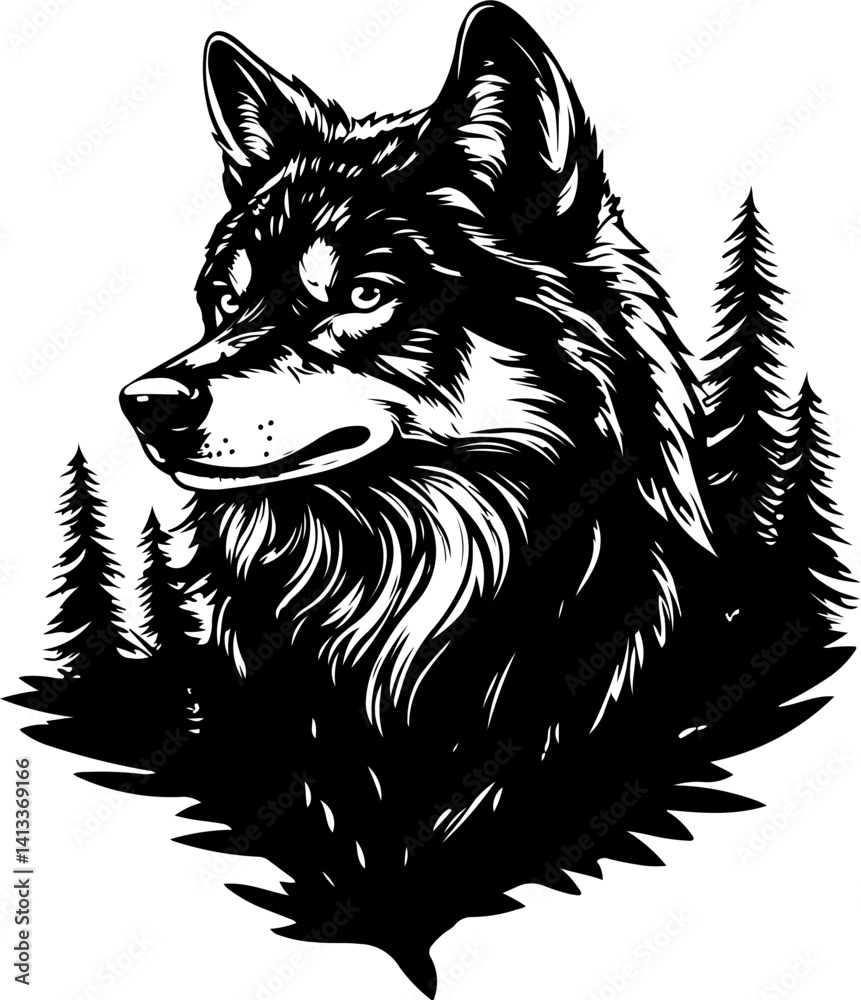 Fototapeta premium animal, wolf, vector, head, dog, illustration, tattoo, lion, wild, cartoon, wildlife, mammal, face, black, tribal, nature, mascot, predator, cat, bear, design, silhouette, beast, drawing, tiger
