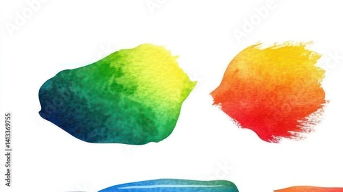 Watercolor Paint Splashes with Gradient Hues on White Canvas Surface