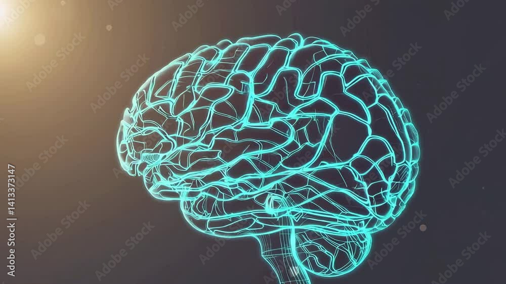 Neural network visualization revealing intricate brain structure, glowing digital model rotating against dark backdrop with dynamic particle interactions, highlighting neurological complexity