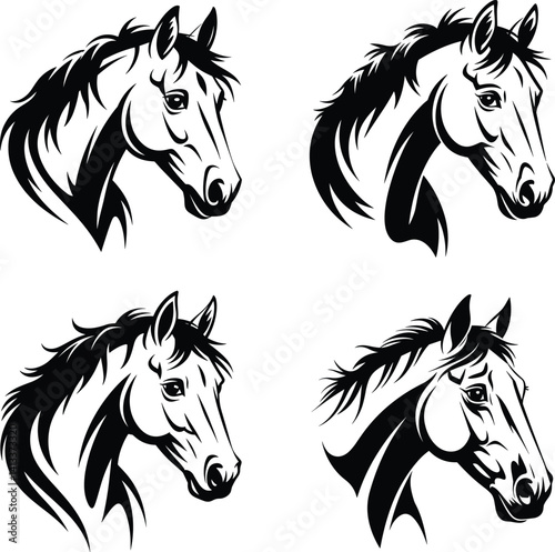 Set of 4 Tribal Horse Head Silhouette Illustrations – Black and White Stylized Equine Vector Collection