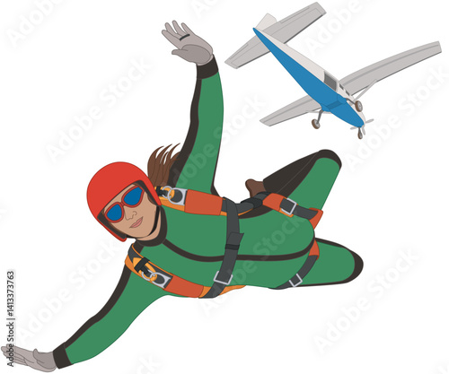 parachuting, skydiving, female skydiver jumping out of an airplane descending rapidly in free-fall, isolated on a white background