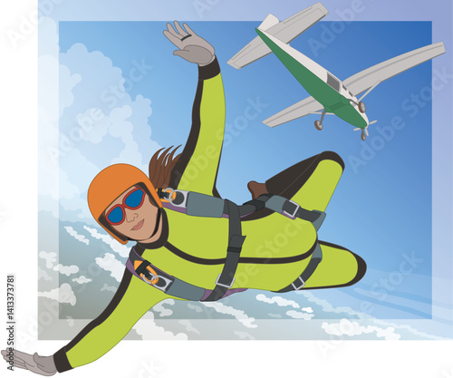 parachuting, skydiving, female skydiver jumping out of an airplane descending rapidly in free-fall, mid-air against the backdrop of blue sky and the ground below