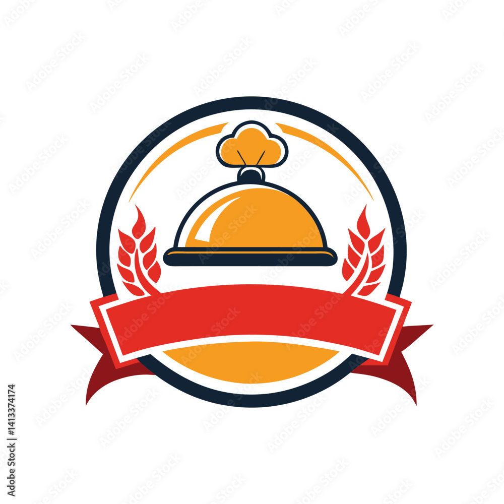 Fototapeta premium Restaurant logo design cloche wheat ribbon emblem,