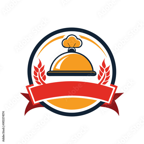 Restaurant logo design cloche wheat ribbon emblem,