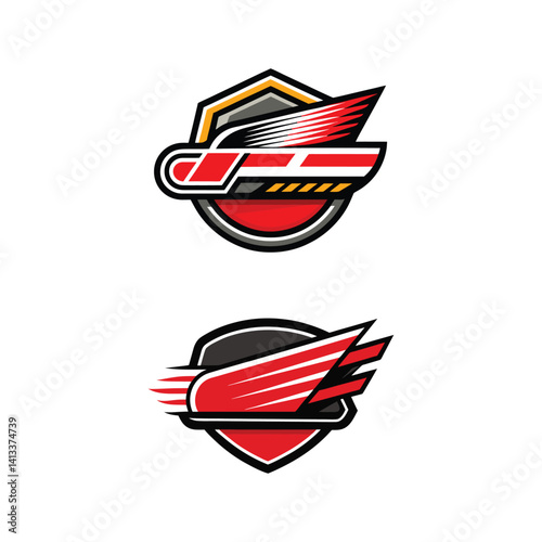 Two Red Winged Shield Logo Designs Speed Power Fast,