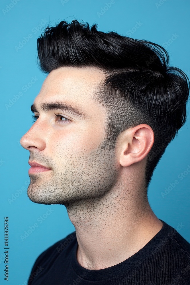 Fototapeta premium Blue solid background. Idea image of style for aging men. Elegant men's slick back with fade haircut - midlife white man with black hair. A classic beauty man with timeless elegance.