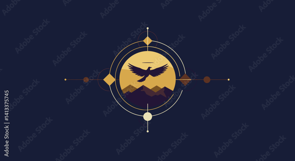 Abstract eagle silhouette over mountains in a circular design Esoterics