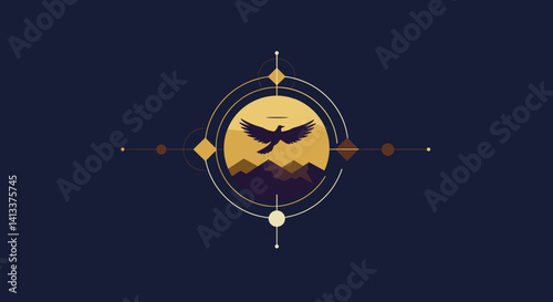 Obraz na płótnie Abstract eagle silhouette over mountains in a circular design Esoterics w salonie