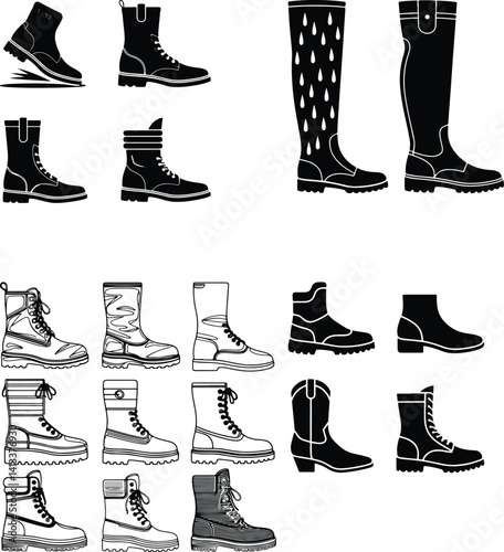Stylish Boots Line Art | Minimal Silhouette Shoe Collection  Boots Silhouette Set | Fashion Footwear Vector Icons
