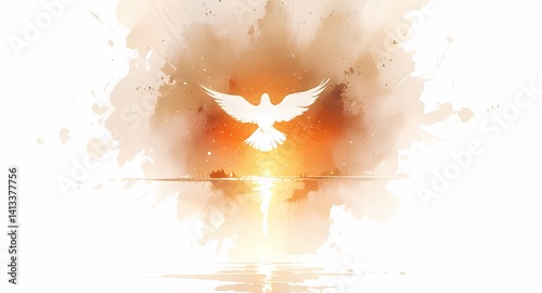 Dove flying over water at sunset peace and freedom concept illustration background