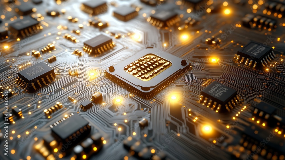 Obraz premium Closeup of golden chip technology high resolution picture