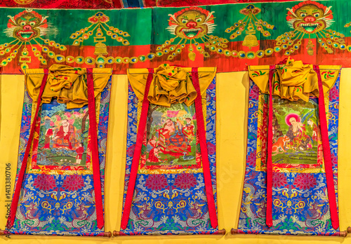 Diskit Monastery, Nubra Valley, Ladakh, India. 14th c. Tibetan Buddhist thangkas in prayer room.