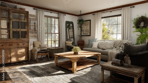 Rustic farmhouse living room with vintage decor  natural wood finishes  and a cozy  timeless charm. 