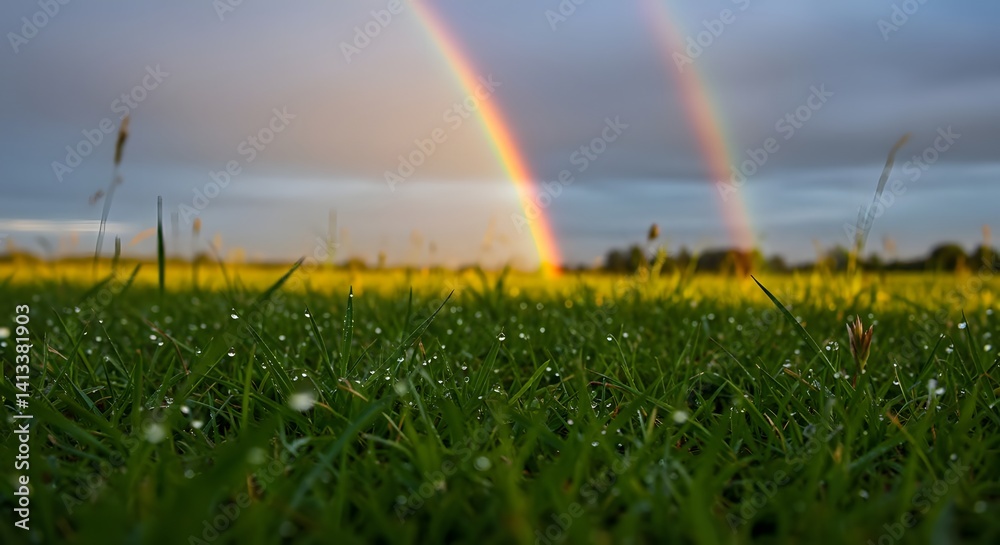 Naklejka premium A stunning double rainbow stretches across the sky, illuminating the lush, green fields.