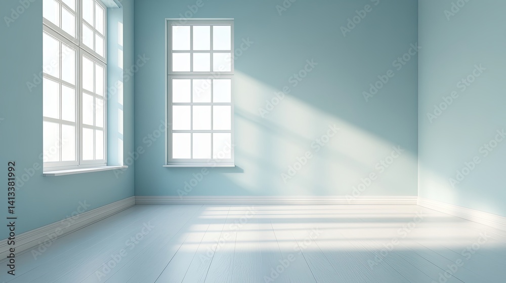 Fototapeta premium Bright Empty Room with Blue Walls and Sunlight