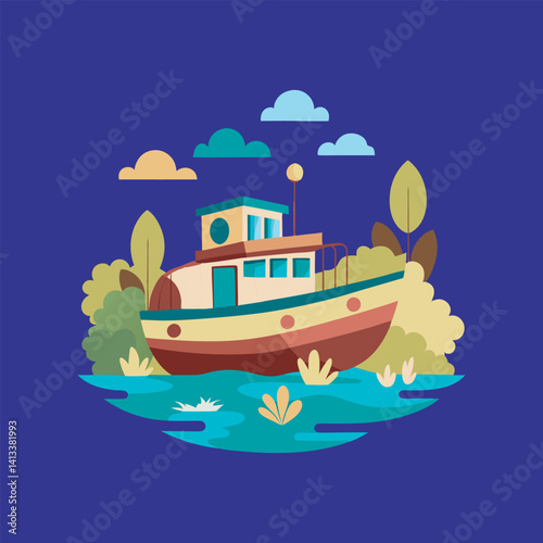 Boat in the river vector art illustration File