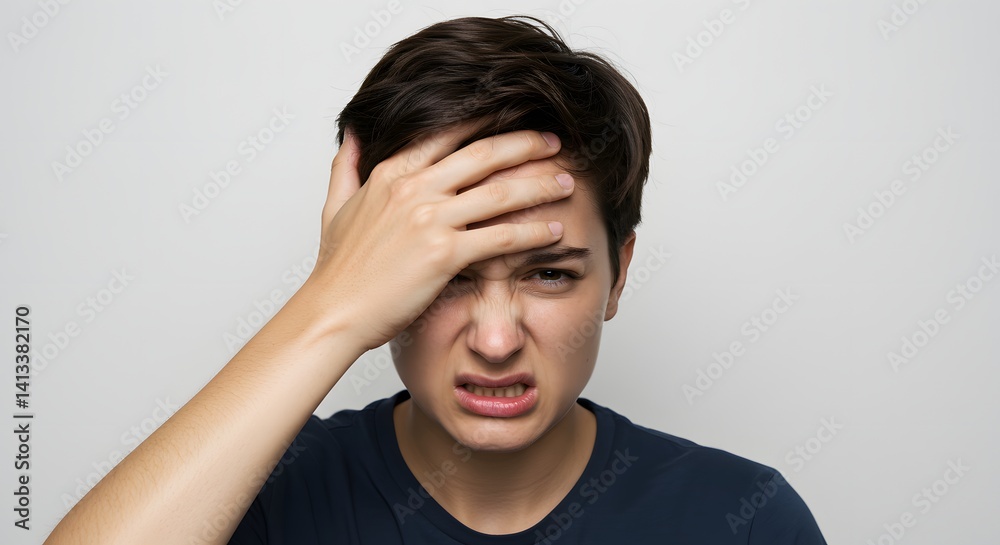 A person with a pained expression, hand on forehead, showing stress and frustration on white. A person with a pained expression, hand on forehead, showing stress and frustration on white.