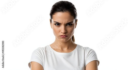 A woman with a displeased expression looks directly at the camera, radiating frustration on a white background.