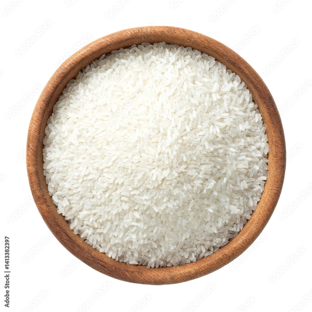 A wooden bowl filled to the brim with uncooked white rice grains close up A wooden bowl filled to the brim with uncooked white rice grains close up