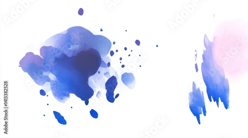 Abstract Watercolor Painting with Blue and Pink Splashes on White