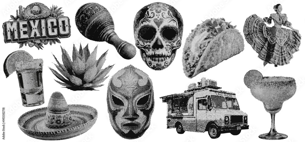 Obraz premium Set of mexican cinco de mayo halftone grunge vector design elements