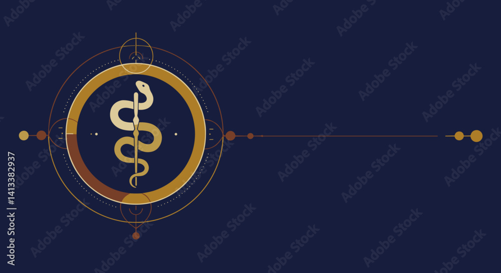 Caduceus symbol in gold and white on a navy blue background Esoterics