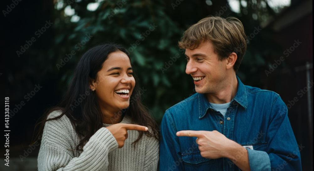 Fototapeta premium Young caucasian male and hispanic female laughing and pointing outdoors