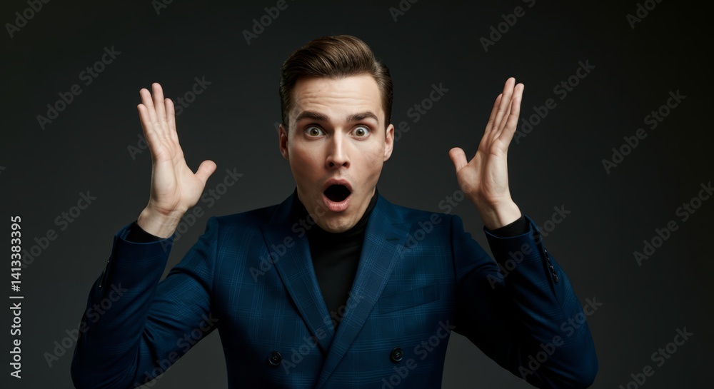 Naklejka premium Shocked young caucasian male in blue suit expressing surprise with hands raised