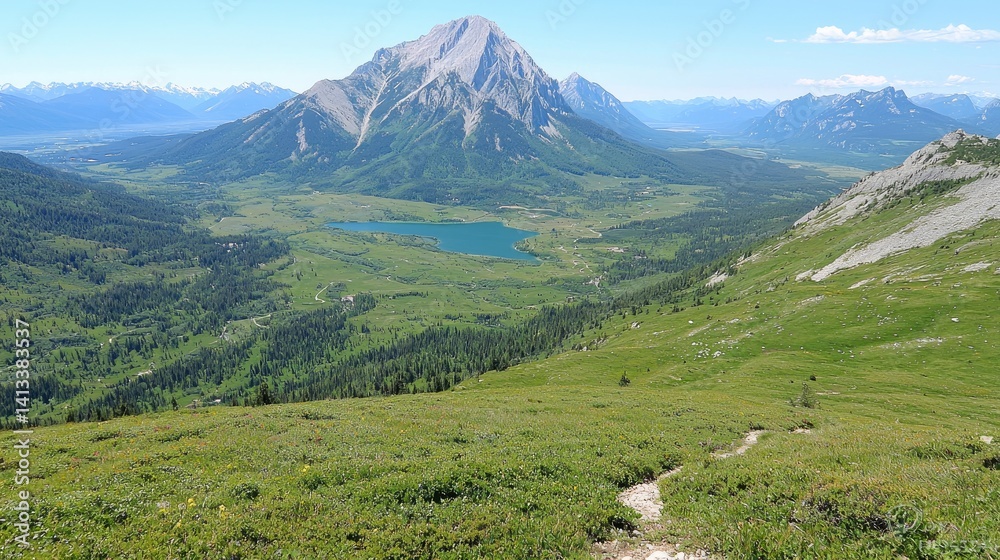 Fototapeta premium Serene mountain valley landscape picturesque hiking trail and scenic vista