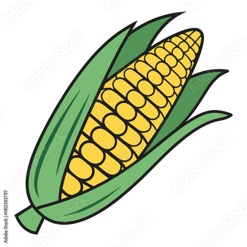 Fresh Yellow Ear of Corn with Green Husk Leaves.