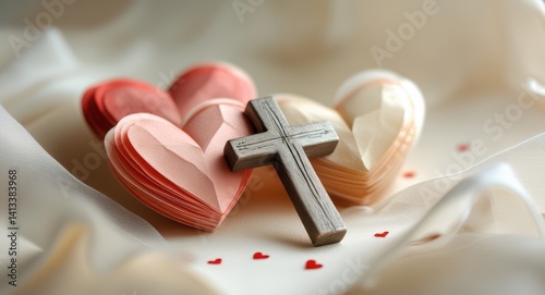 Christian cross with paper hearts for valentine's day love and faith themed background art