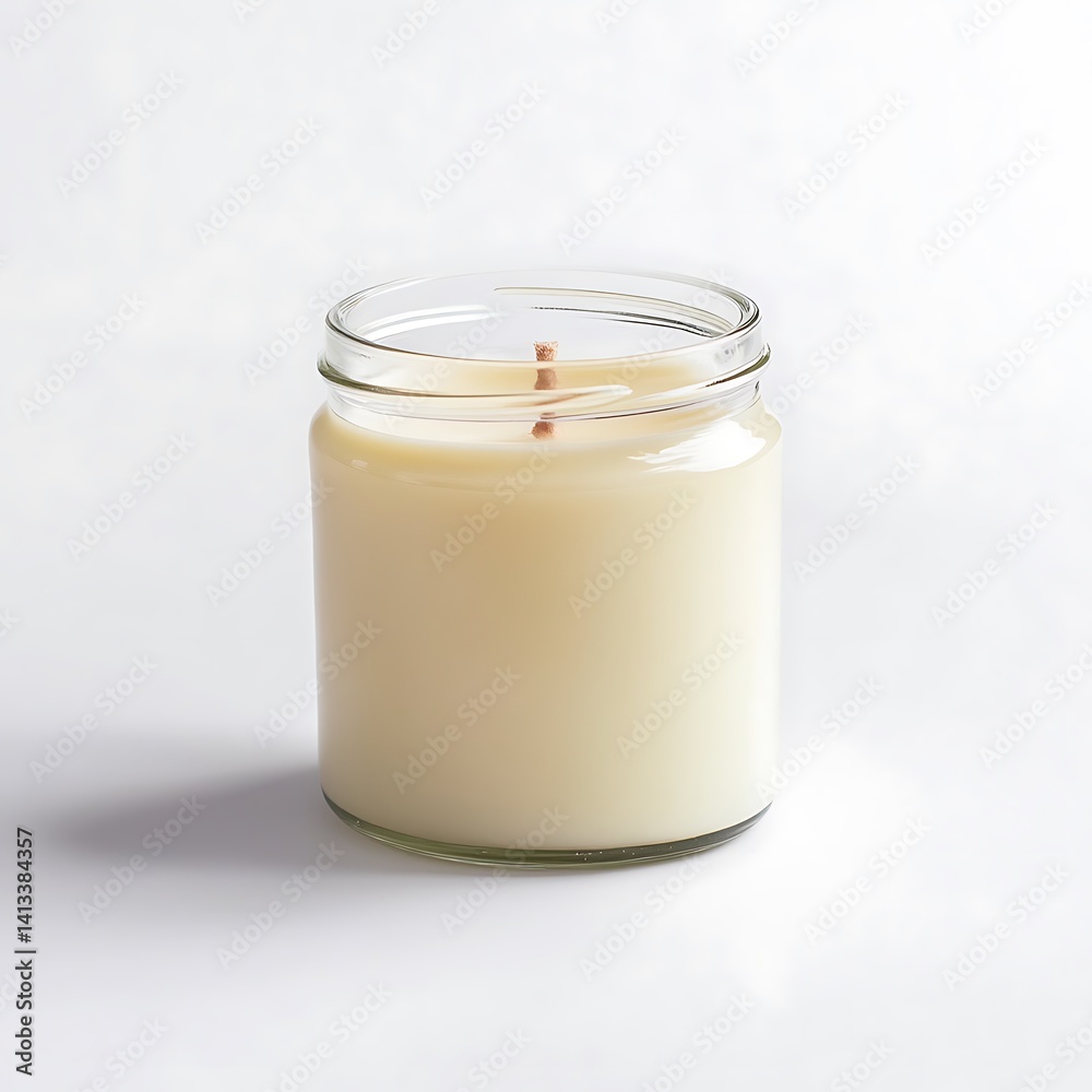 White candle in glass jar with clean edges and wick visible on white background. White candle in glass jar with clean edges and wick visible on white background.