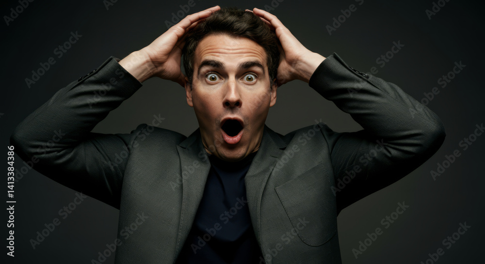 Fototapeta premium Surprised caucasian male adult with hands on head against dark background