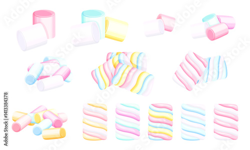 Set of sweet, delicious marshmallows in cartoon style. Vector illustration of fluffy, soft marshmallows of different shapes, twisted, piled isolated on white background. Marshmallows in pastel colors.